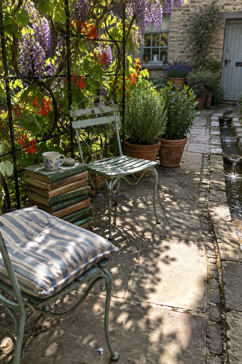 A pale green metal garden chair sits beside a trellis covered in purple wisteria, with potted plants and a stone path nearby.