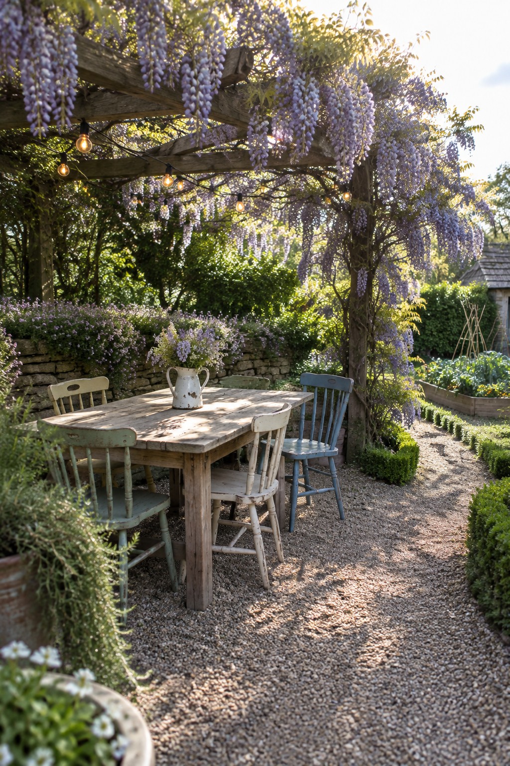 A wooden garden pergola covered in purple wisteria shades a rustic dining table and chairs beside a gravel path.