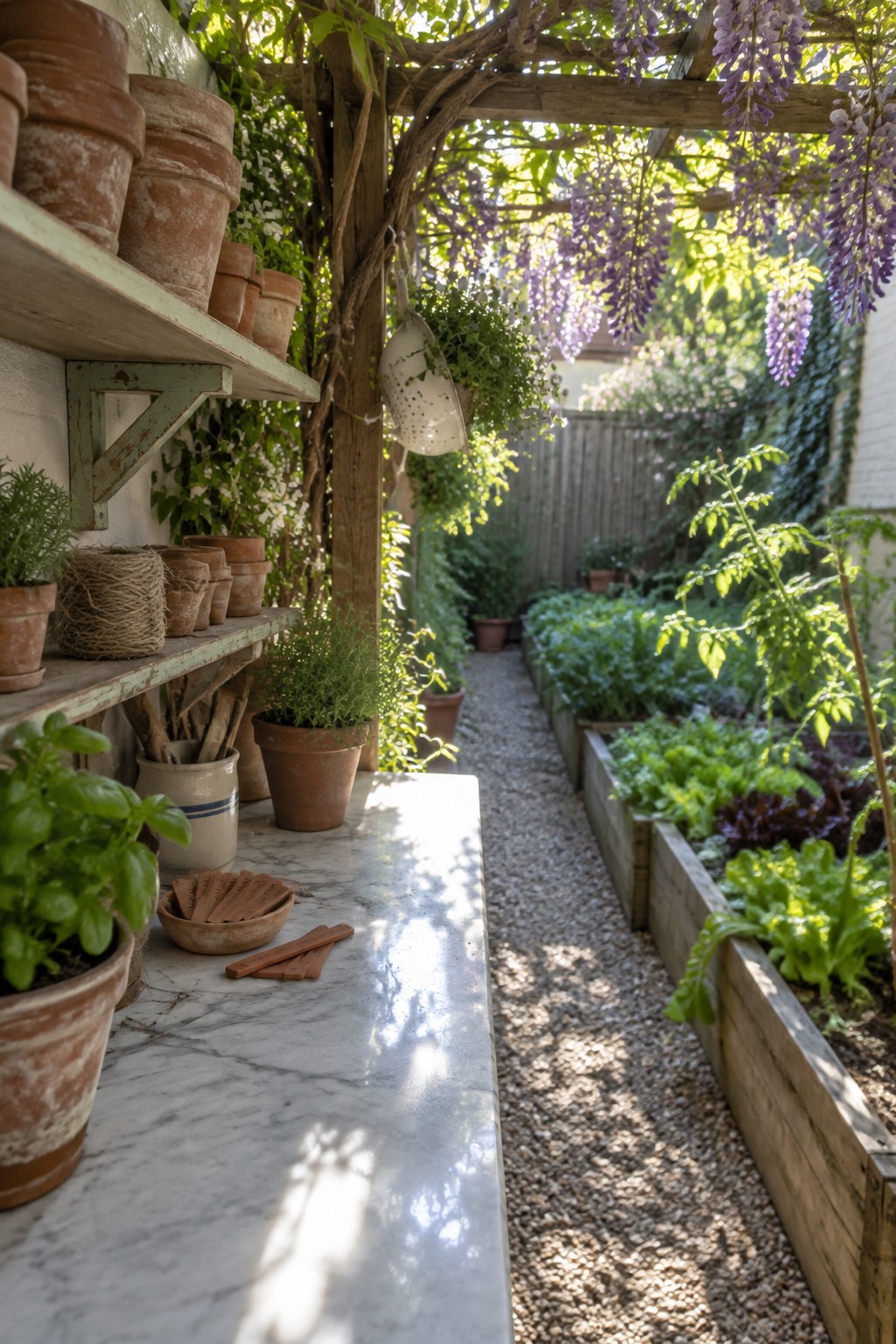 A marble-topped potting bench and shelves of terracotta pots sit beside a gravel garden path beneath a pergola draped with purple wisteria.
