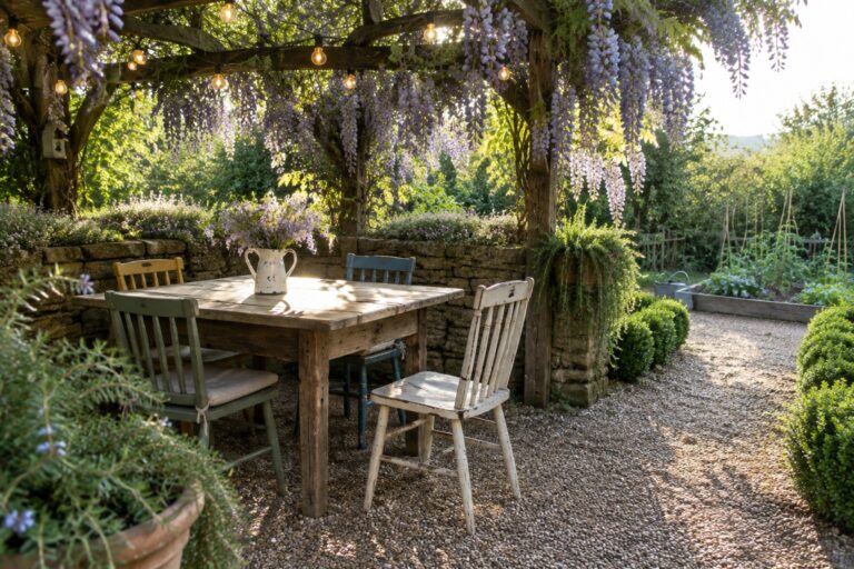 18 Wisteria Landscaping Ideas for Cottage Gardens A wooden garden pergola covered in purple wisteria shades a rustic dining table and chairs beside a gravel path.