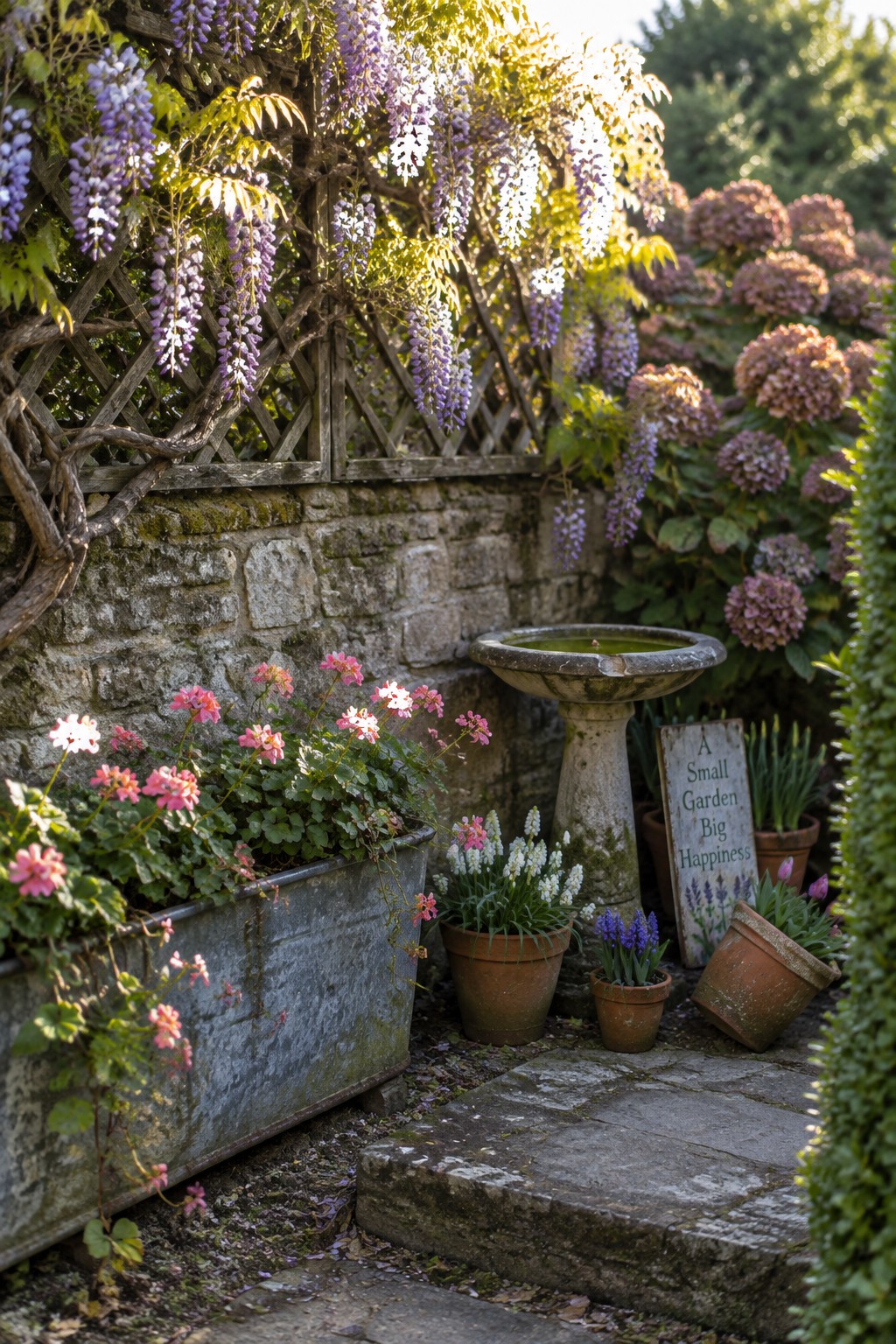 Purple and white wisteria hangs from a wooden trellis above a stone wall in a cottage garden with potted flowers and a birdbath.