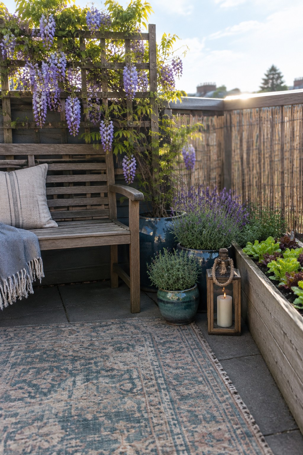 A wooden bench sits beside potted plants and a raised garden bed beneath wisteria vines trained on a wooden trellis.