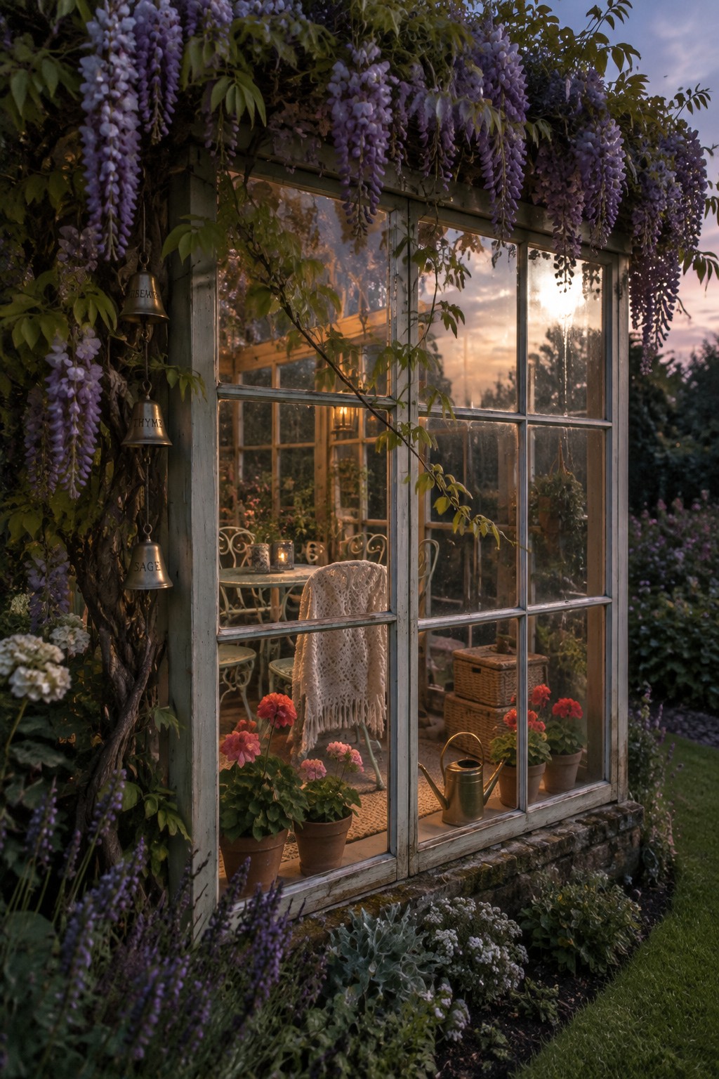 A glass greenhouse with purple wisteria growing across its roof and sides, with potted flowers and a watering can inside.
