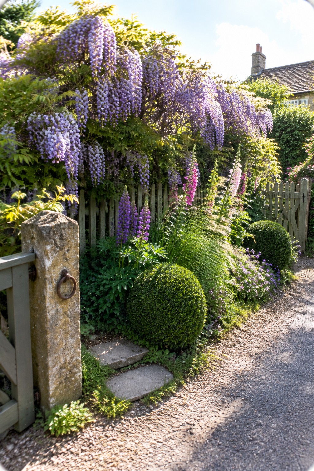 Purple wisteria drapes over a cottage garden border beside a gravel path, picket gate, clipped shrubs, and tall pink flowers.