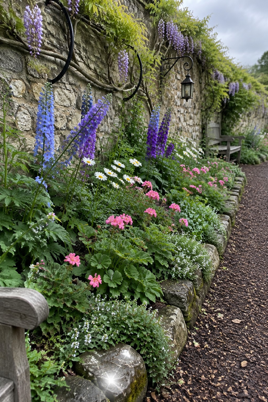 Purple wisteria climbs a stone garden wall above a flower bed edged with rocks beside a gravel path.