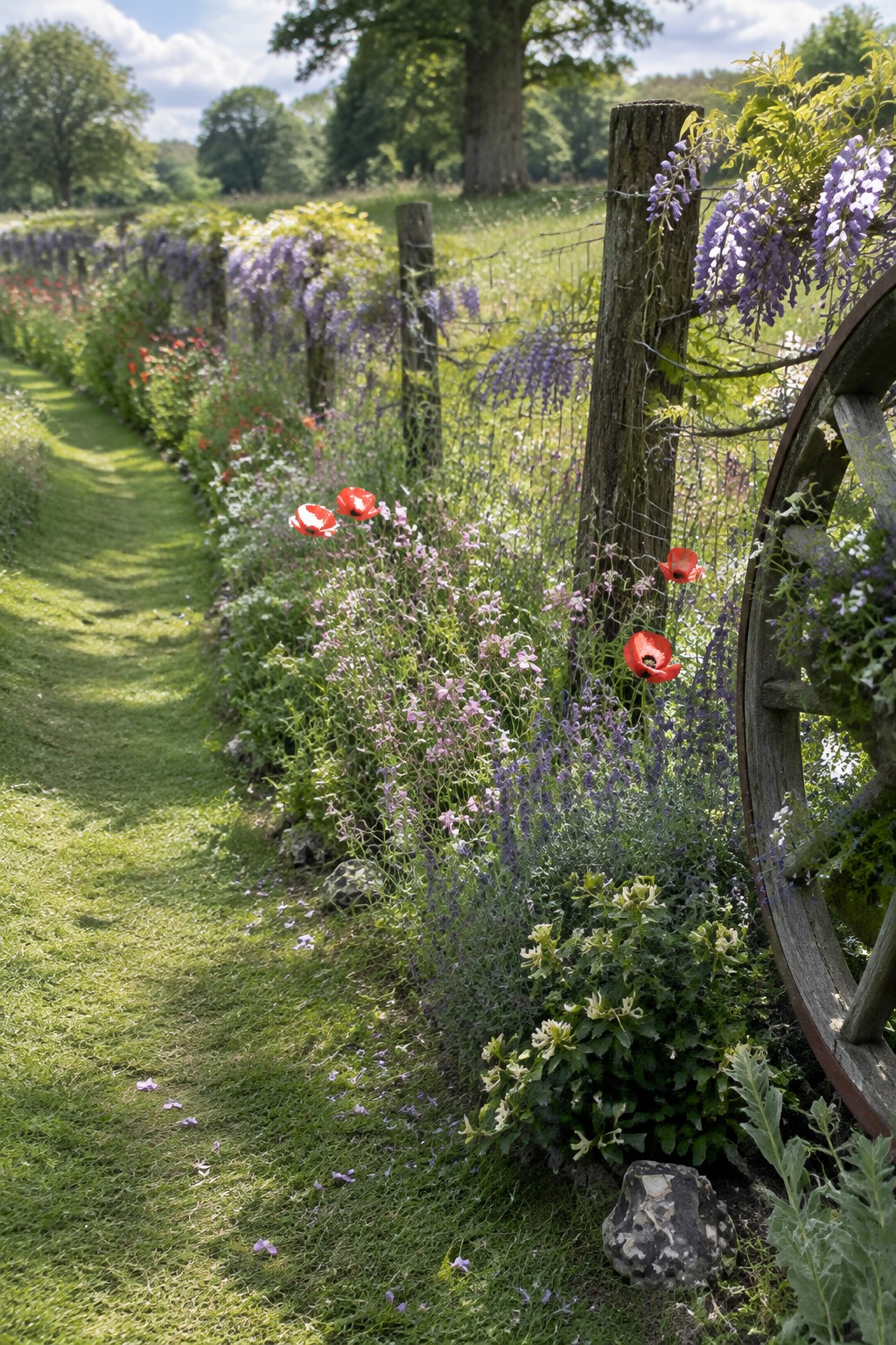 Purple wisteria grows along a wire garden fence beside a grassy path, with red poppies and a wooden wheel nearby.