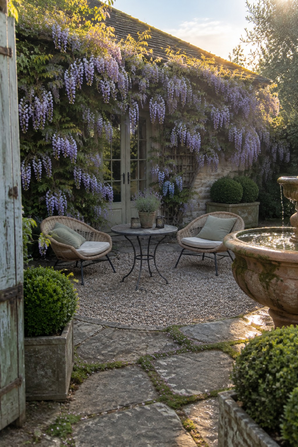 Purple wisteria covers the wall of a stone cottage beside a gravel patio with two chairs and a small table.