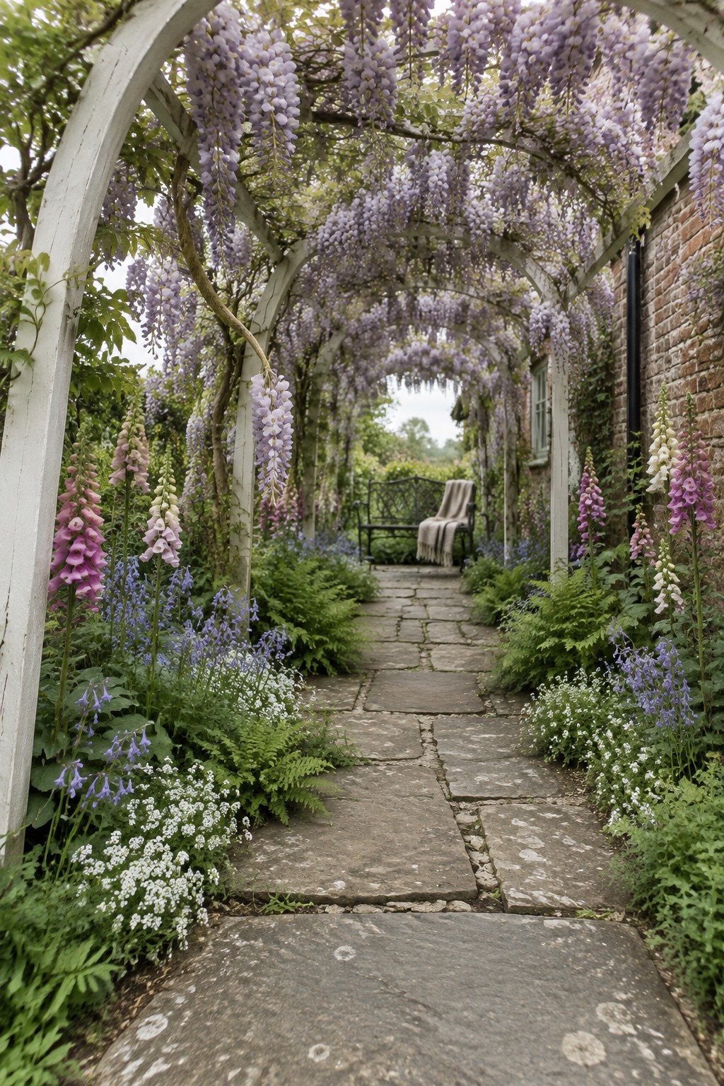A stone path runs beneath white garden arches covered in hanging purple wisteria, with flowers and greenery along the sides.