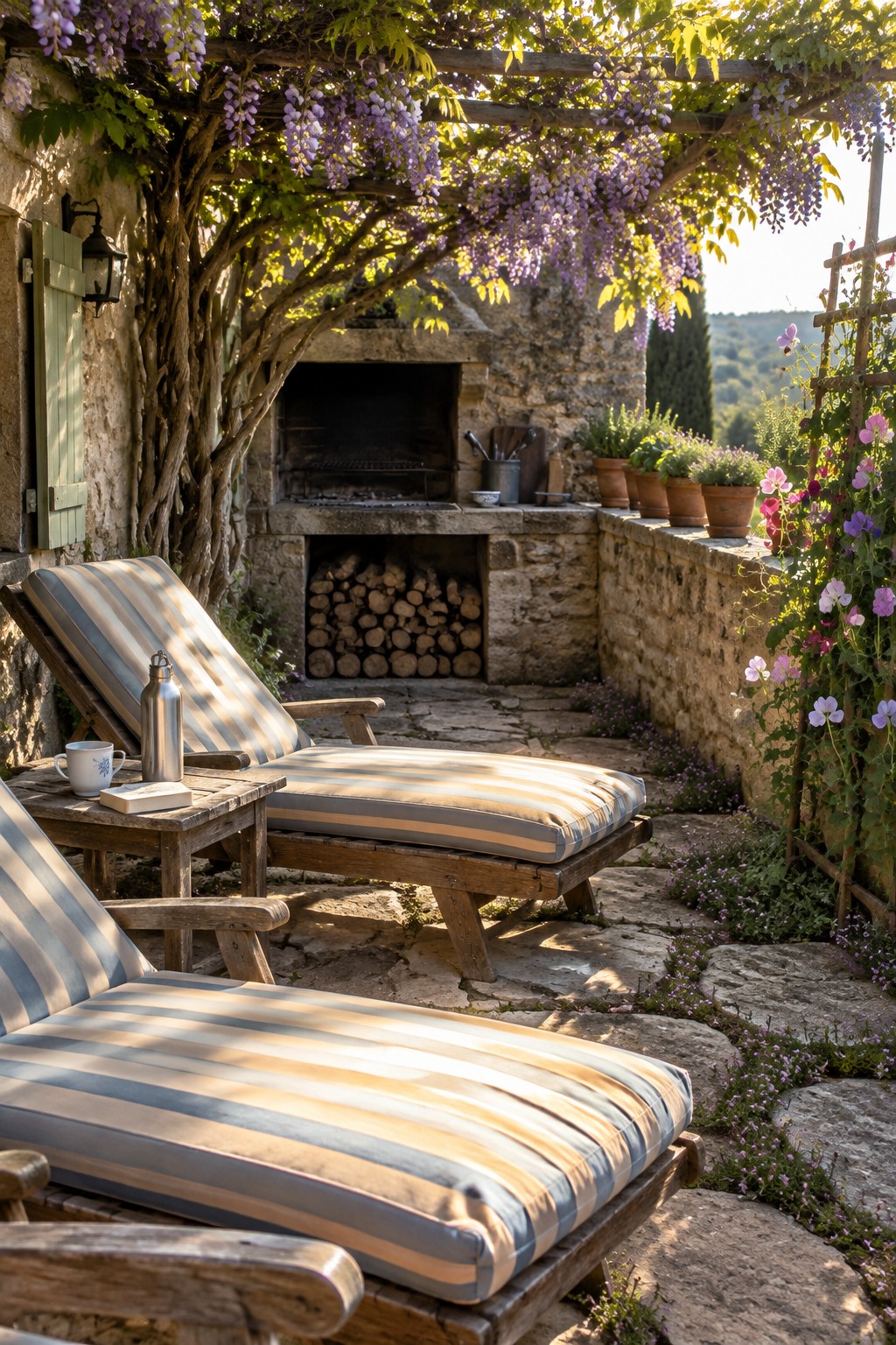 Two striped chaise lounges sit on a stone patio beneath a pergola covered in purple wisteria, beside a stone outdoor fireplace.