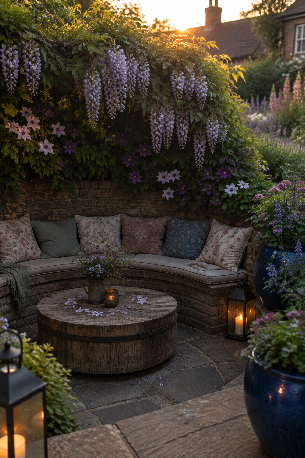 A curved brick patio bench with cushions sits beneath hanging purple wisteria, beside a round wooden table and lit lanterns.