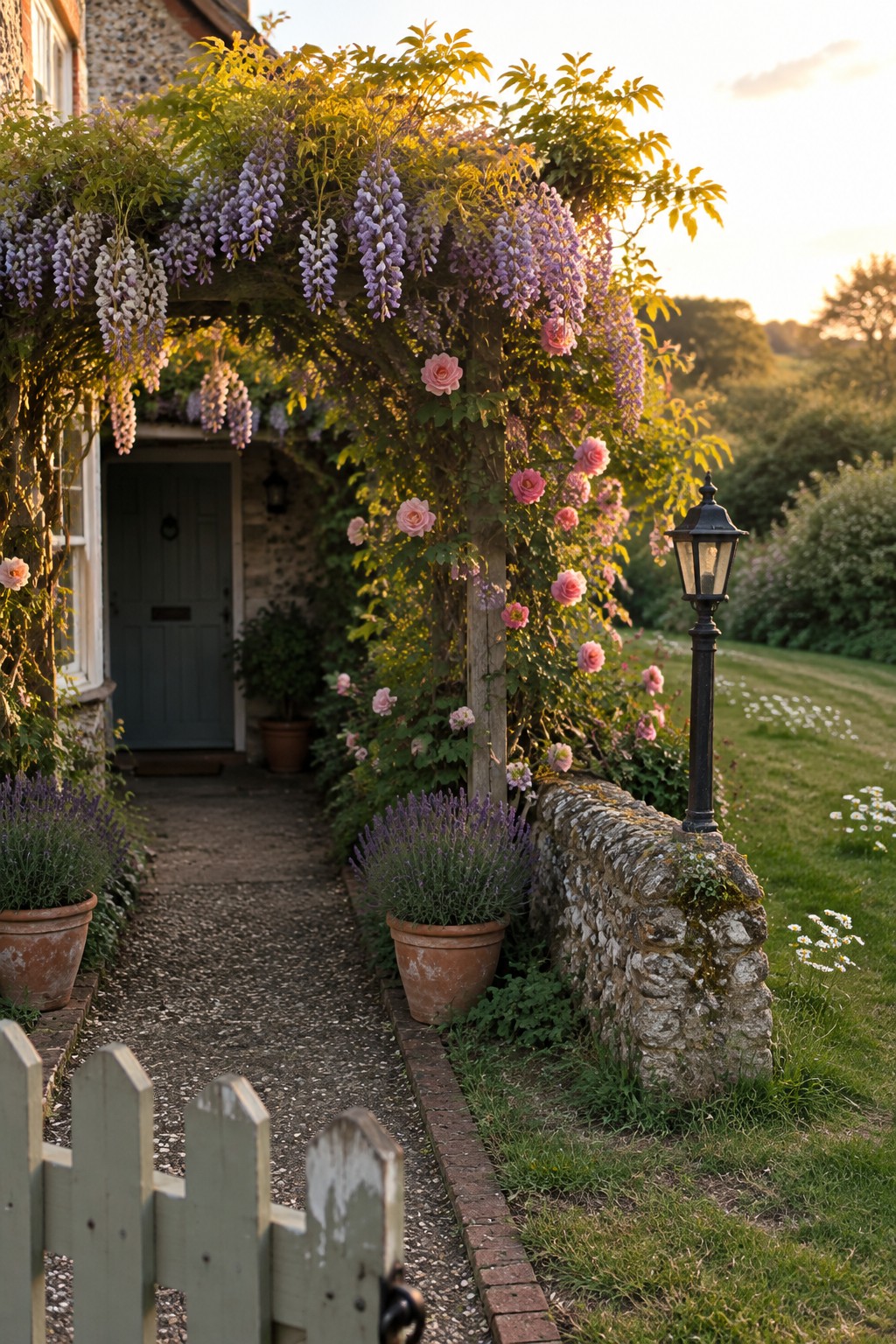 A wisteria-covered garden arch hangs over a stone cottage path beside roses, potted lavender, and a low stone wall.
