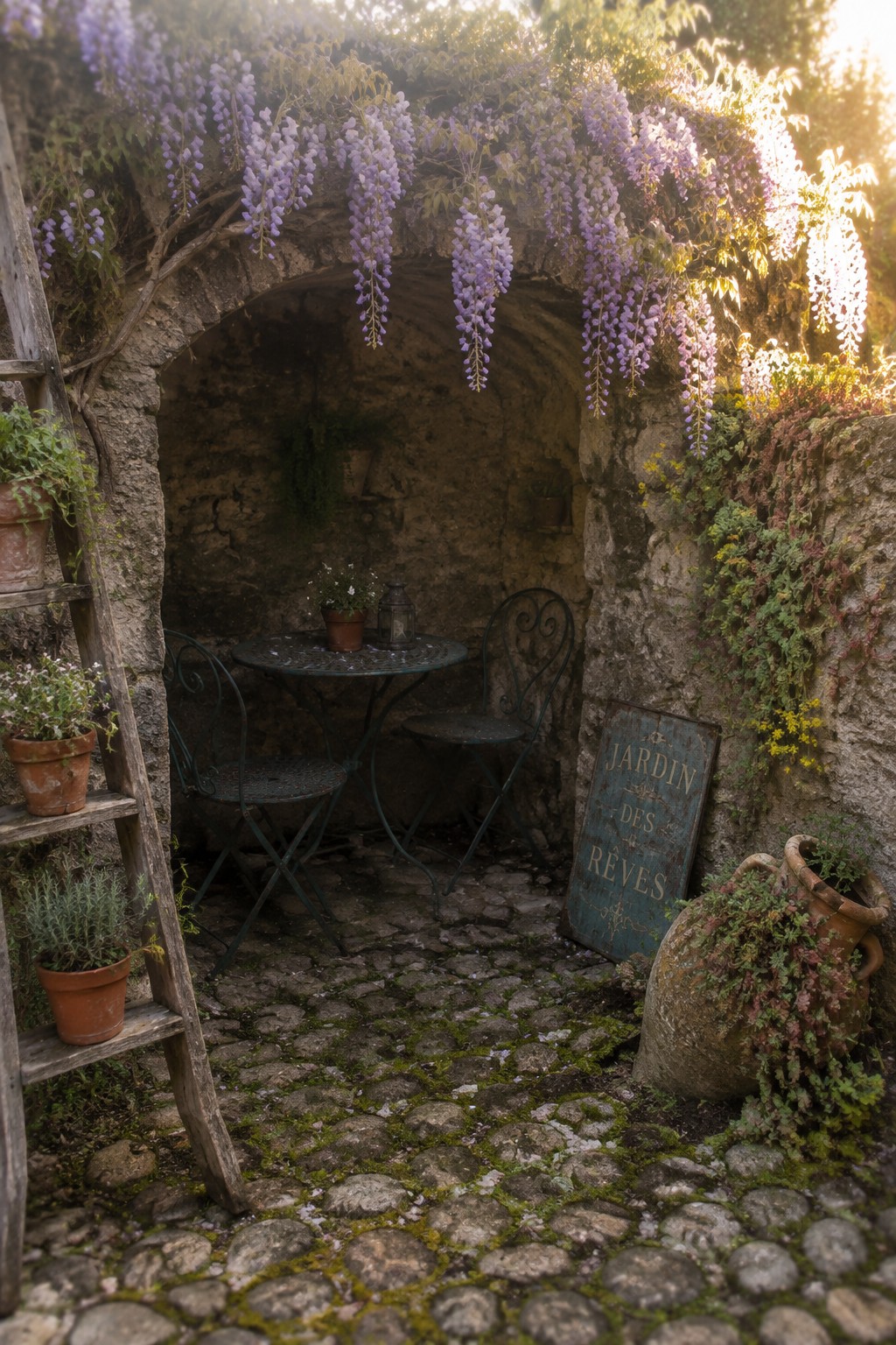 Purple wisteria hangs over a stone garden alcove with a small metal table and chairs on a cobblestone floor.