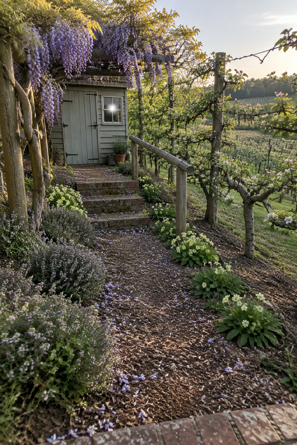 A wooden shed beneath a pergola covered in purple wisteria, beside a garden path and rows of flowering plants.