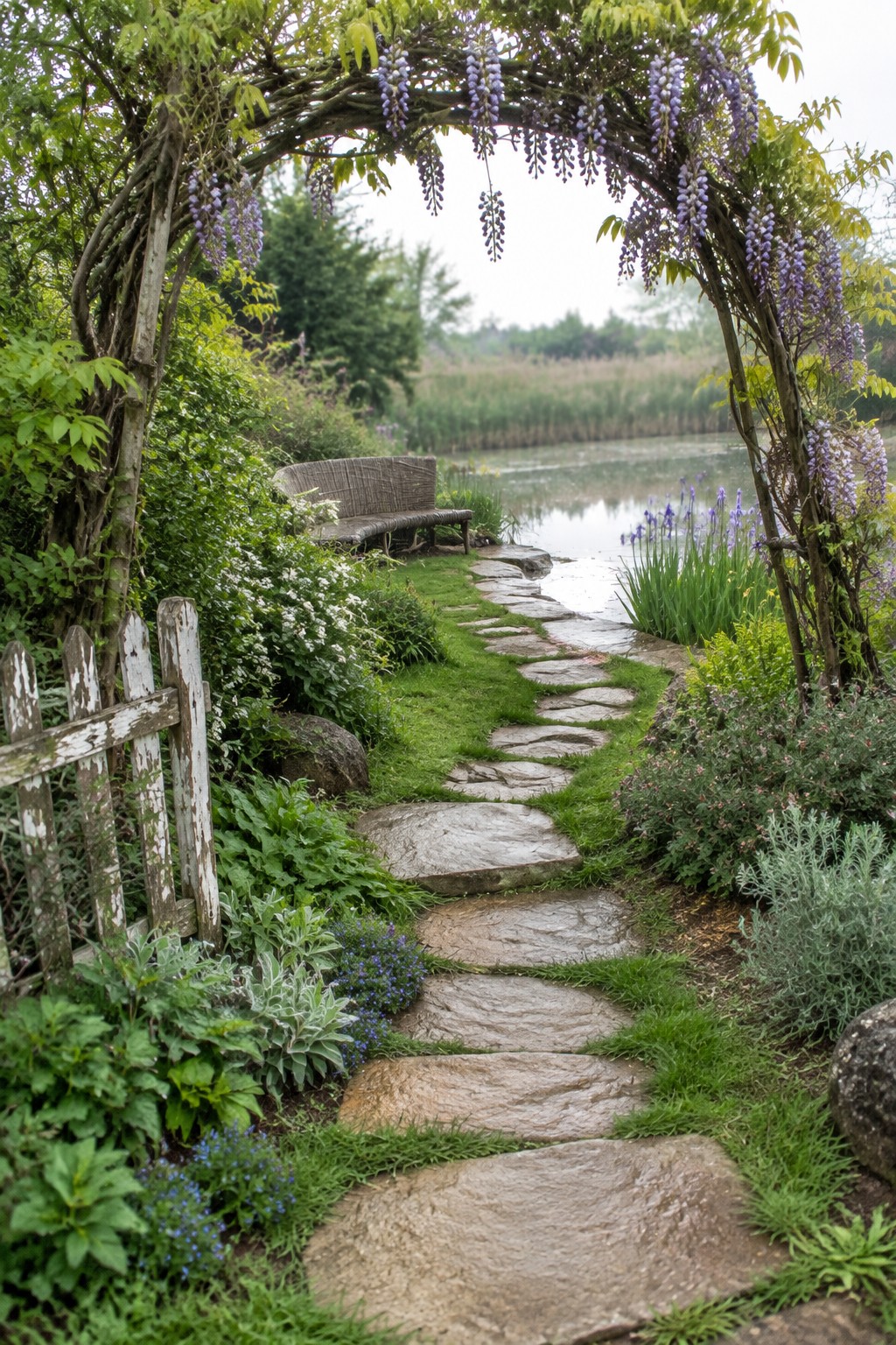 A stone garden path passes beneath a wisteria-covered arch beside a bench and pond.
