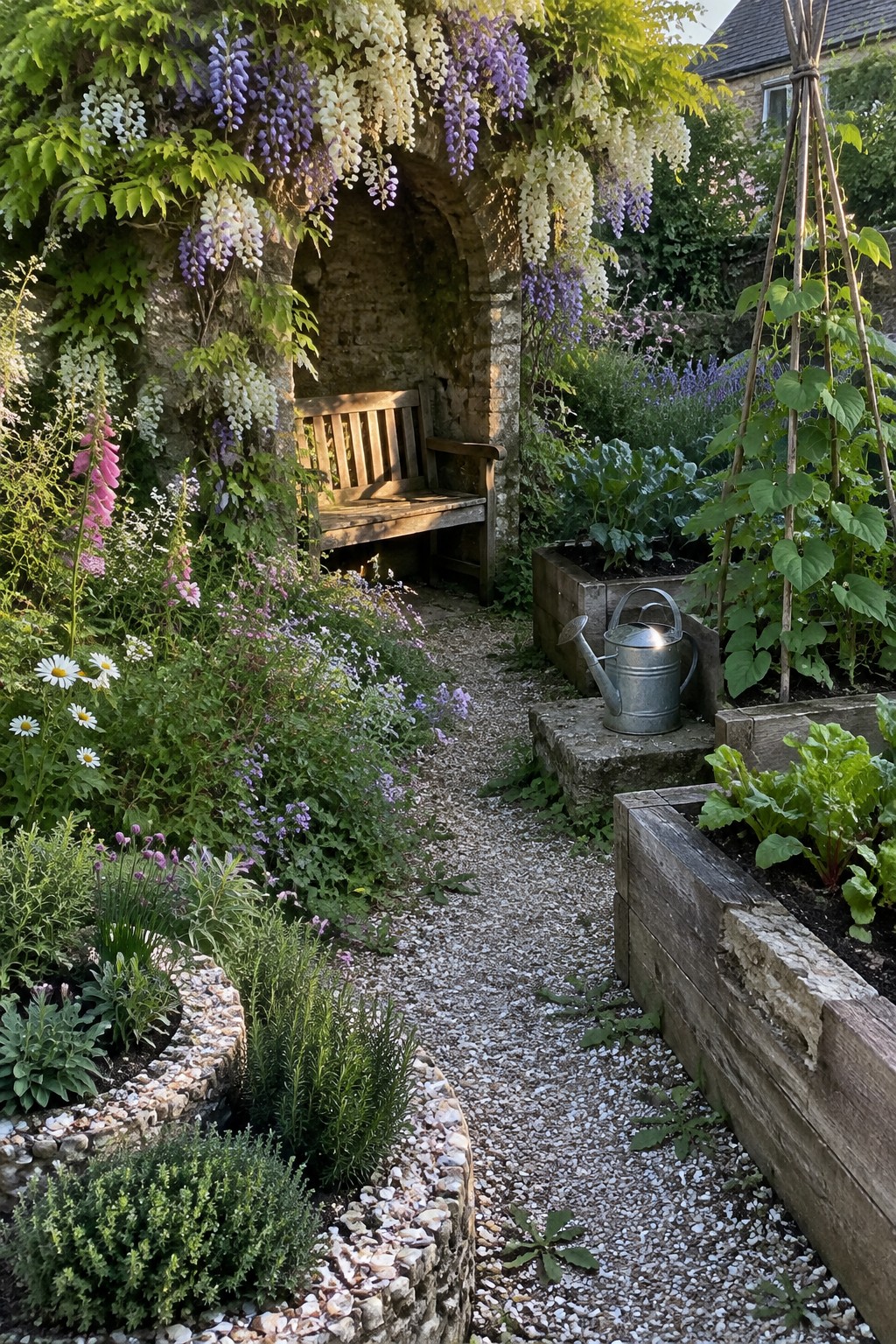 A wooden bench sits beneath a stone arch covered in white and purple wisteria, beside a gravel path and raised garden beds.