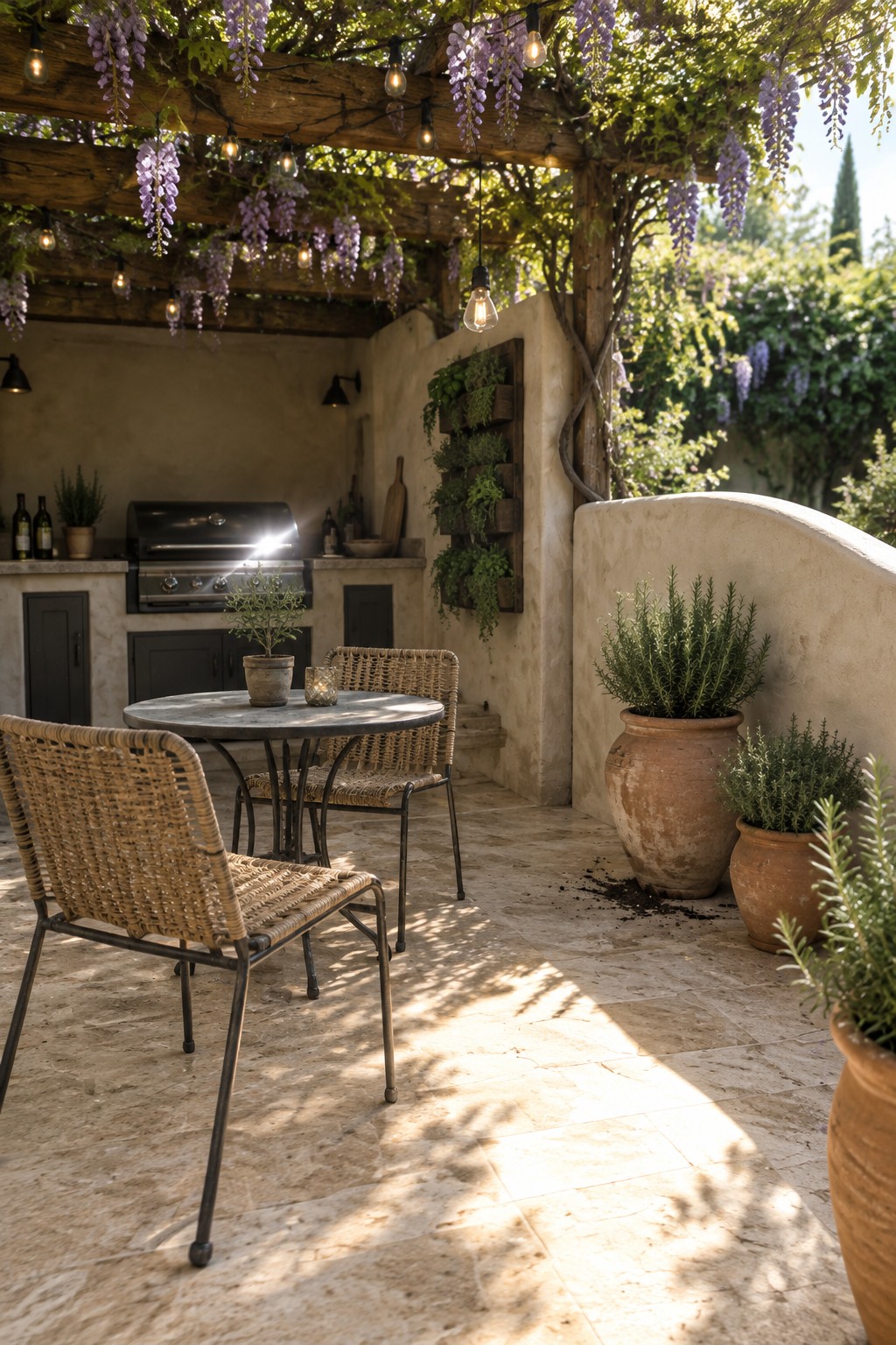 A stone patio with a round table and wicker chairs beneath a wooden pergola covered in green vines and hanging purple wisteria.