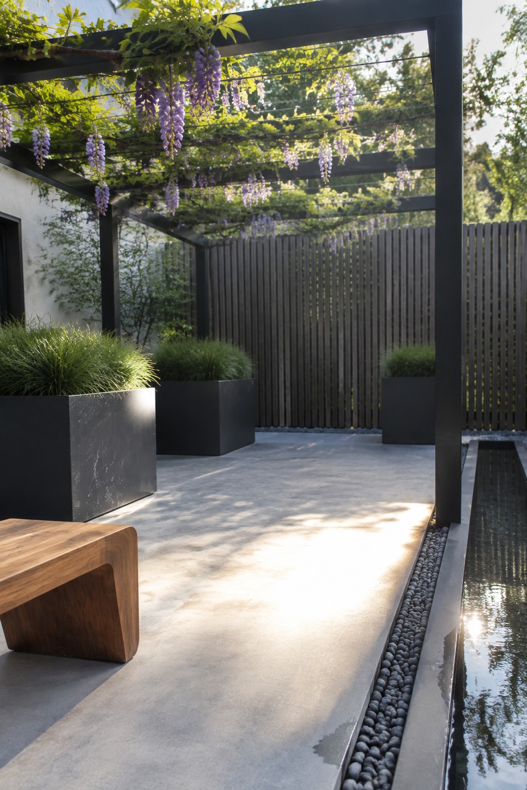 A black pergola covered in green vines and hanging purple wisteria shades a concrete patio beside a narrow reflecting pool.