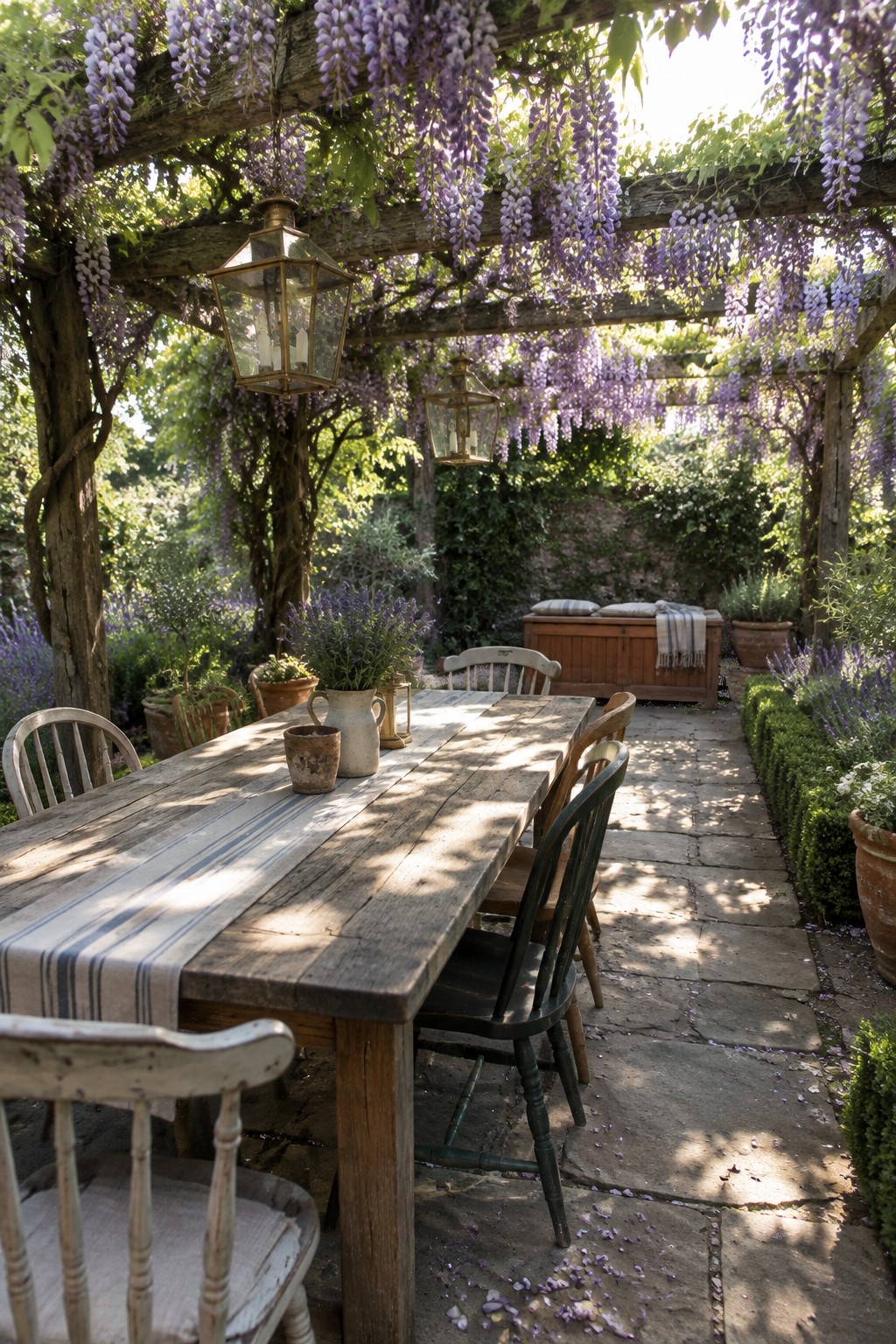 A wooden garden pergola covered in purple wisteria shades an outdoor dining table beside a stone path and hot tub.