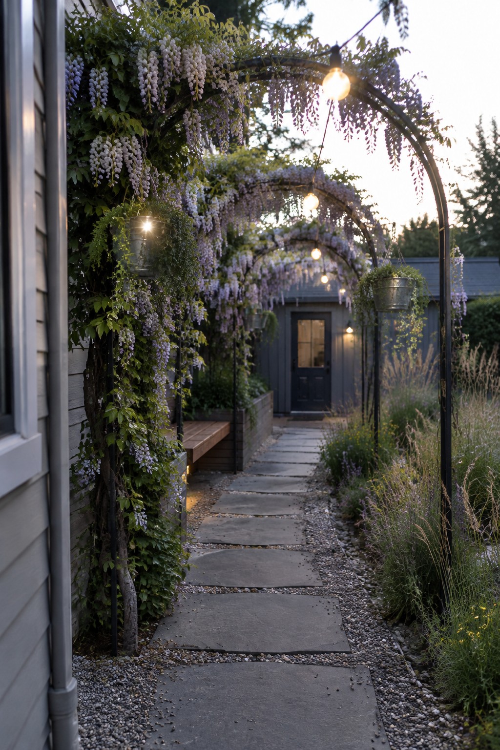 A stone path passes beneath black garden arches covered in pale purple wisteria, with hanging lights and a dark shed at the end.