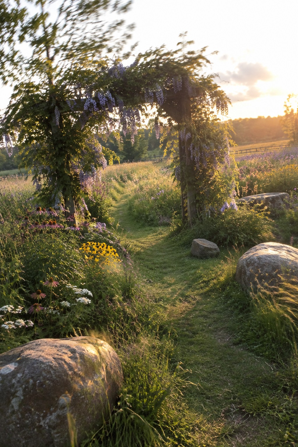A grassy garden path passes beneath a wooden arch covered in purple wisteria, with flowers and large rocks along the edges.