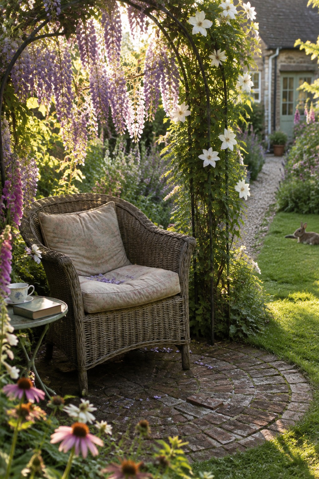 A wicker chair sits beneath a metal garden arch covered in purple wisteria and white flowers.