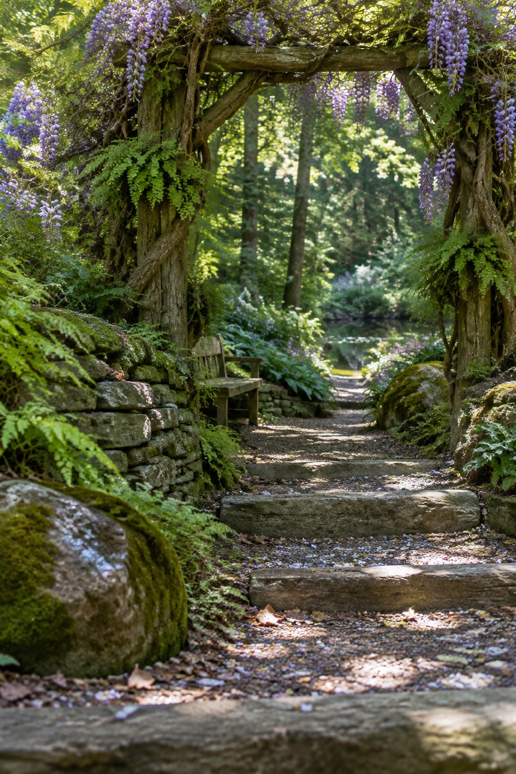 Stone steps lead beneath a rustic wooden arch covered in purple wisteria in a leafy garden.