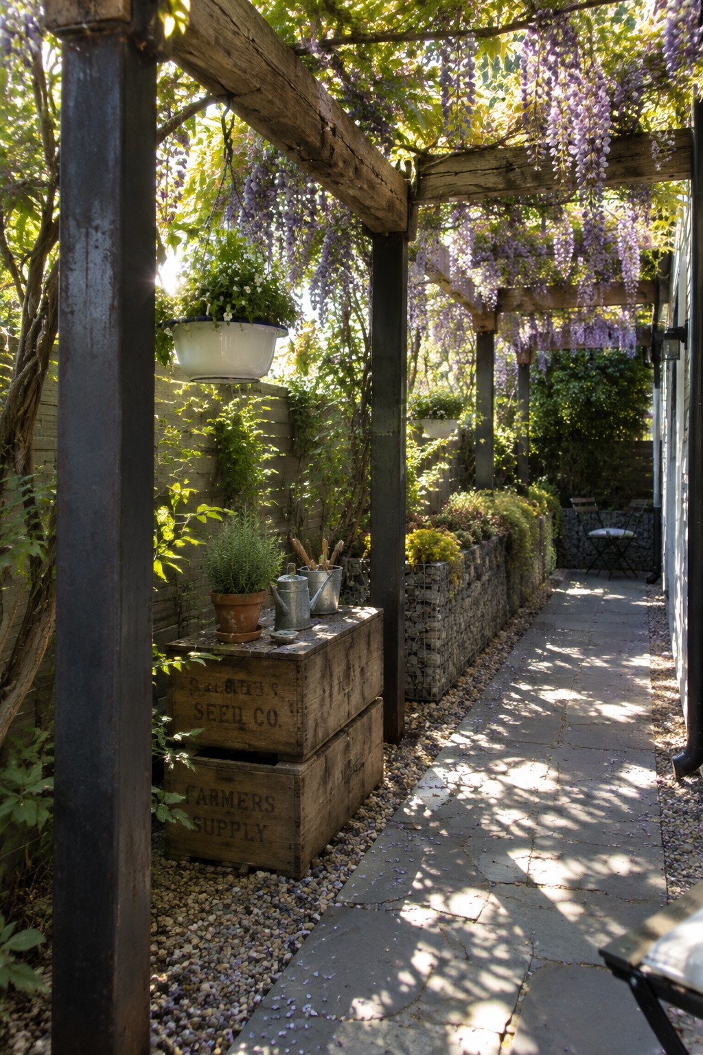 A stone walkway runs beneath a wooden pergola covered in hanging purple wisteria, with stacked garden crates and potted plants beside the path.