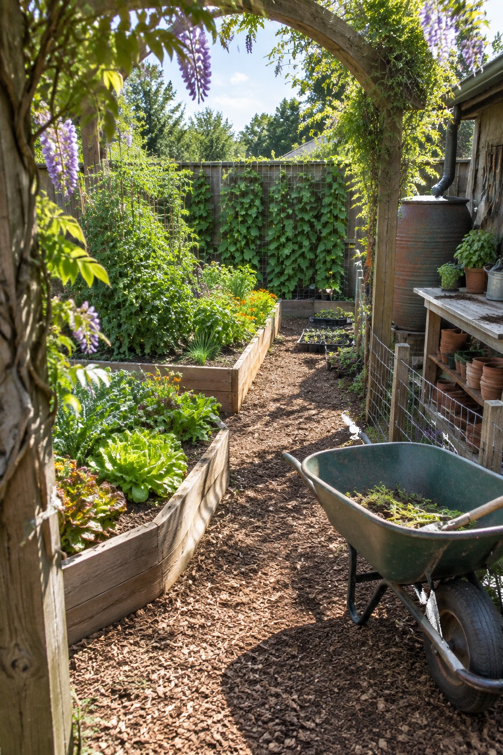 A wooden arch covered with wisteria spans a wood-chip path between raised garden beds.