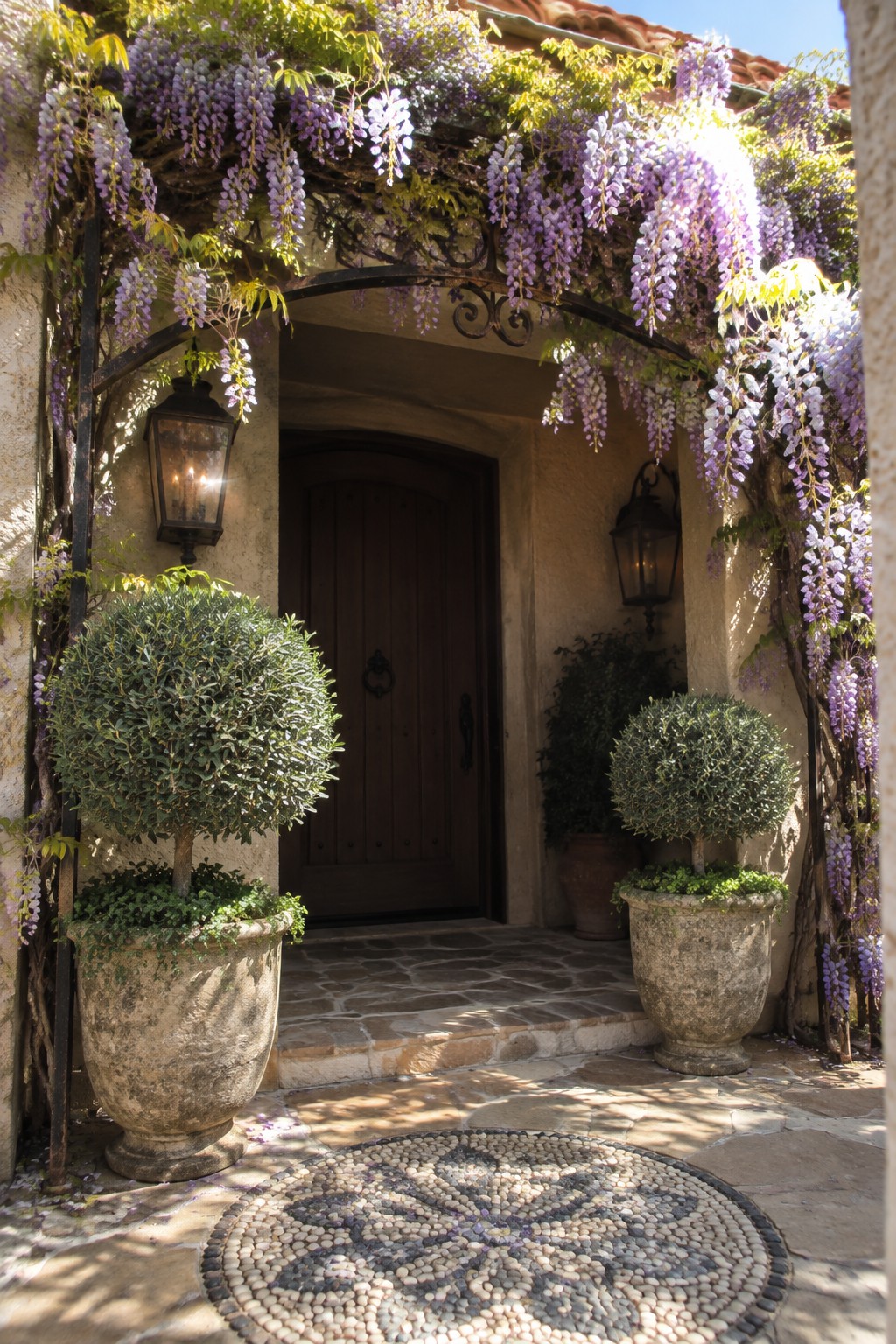 Purple wisteria grows across a metal arch above a recessed wooden front door, with potted shrubs on either side.