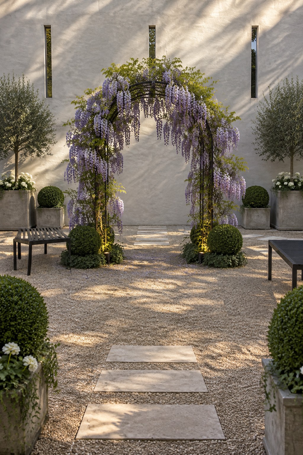 A gravel garden path leads through a black arch covered in hanging purple wisteria beside a pale stucco wall.
