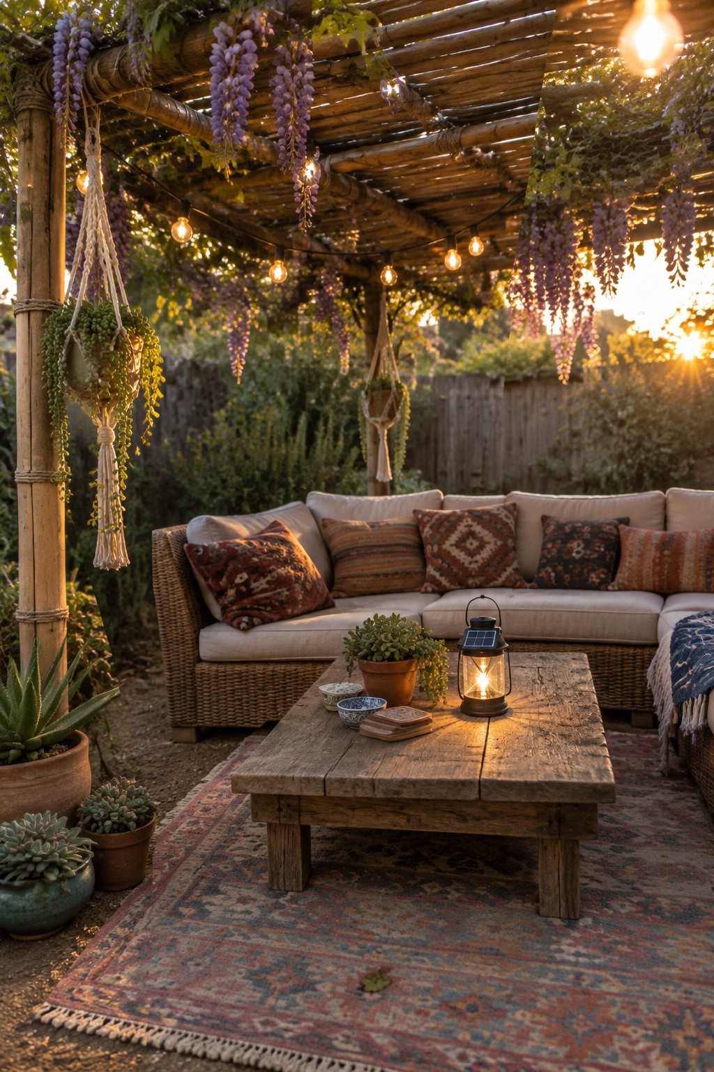 A wisteria-covered wooden pergola shades a patio seating area with a sectional sofa and rustic coffee table.