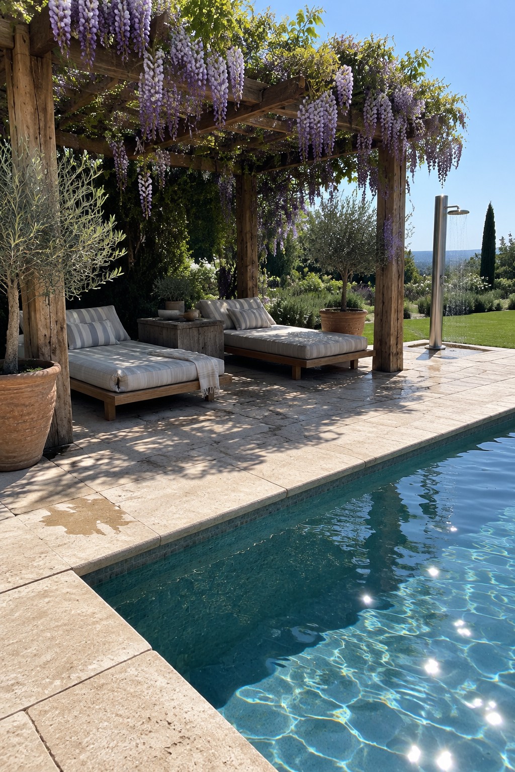 A wooden pergola covered in purple wisteria shades two cushioned lounge chairs beside a swimming pool.