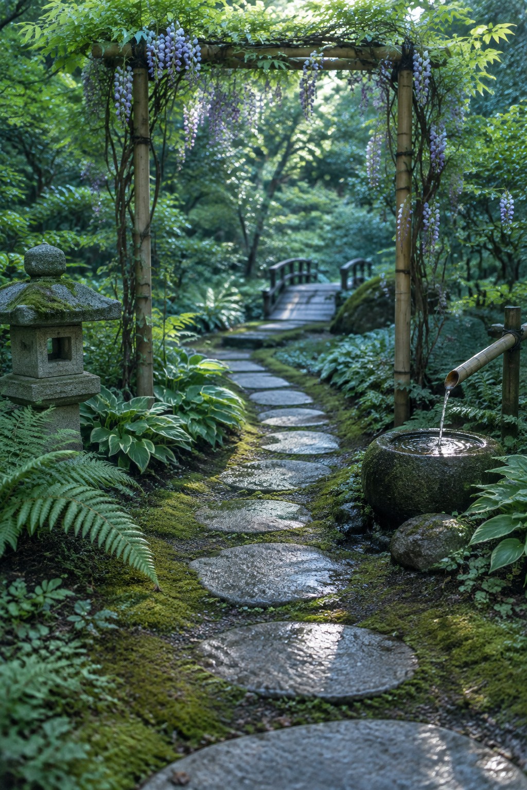 A stone path passes beneath a wooden arch covered in hanging purple wisteria, with a small bridge in the distance.