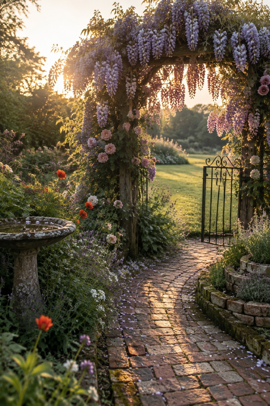 A brick garden path passes beneath a wooden arch covered in wisteria, with an open iron gate and flower beds nearby.