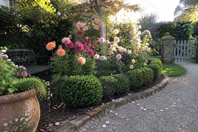 A wooden pergola covered with pale pink roses stands beside a flower bed, brick edging, and a gravel garden path.