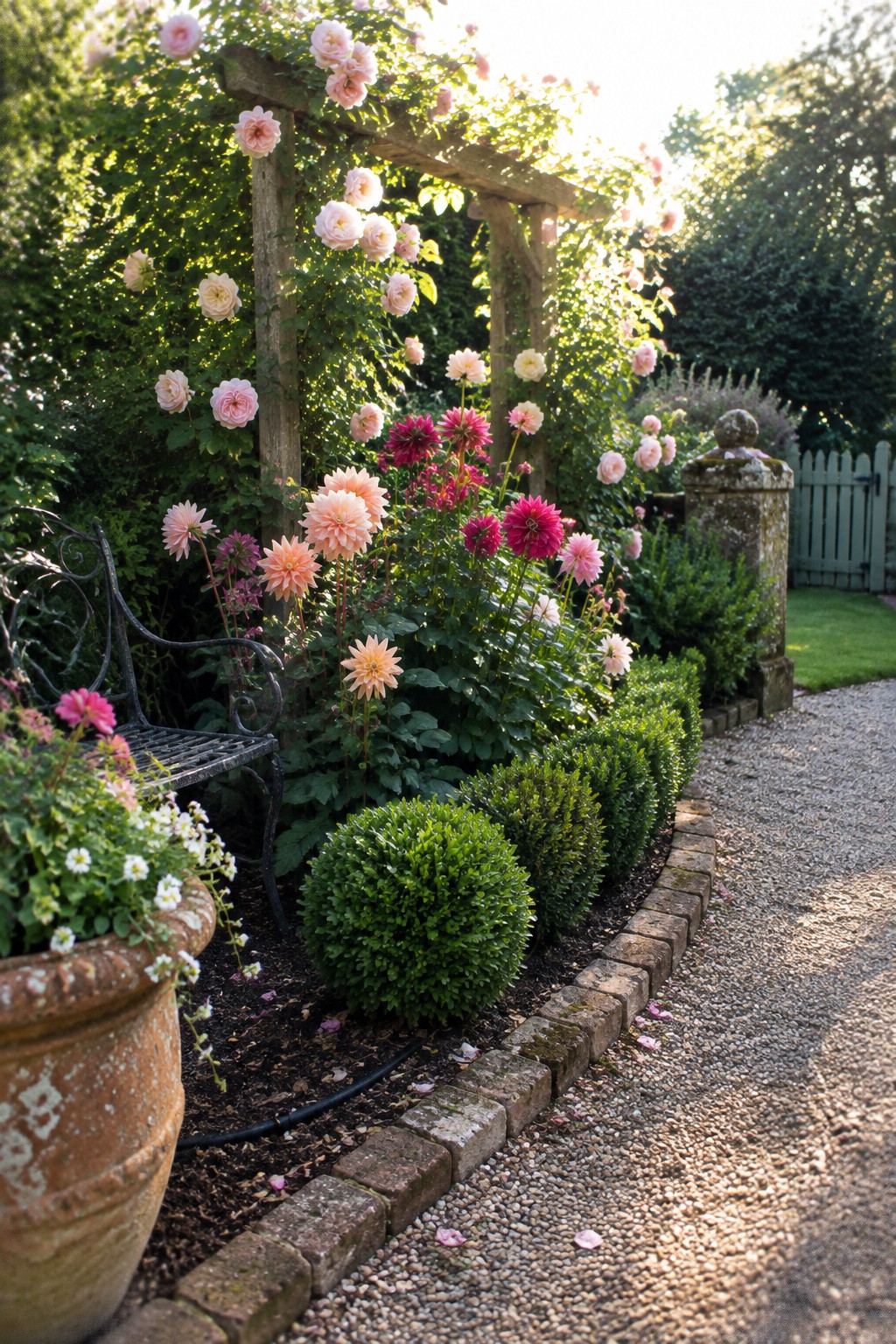 A wooden pergola covered with pale pink roses stands beside a flower bed, brick edging, and a gravel garden path.