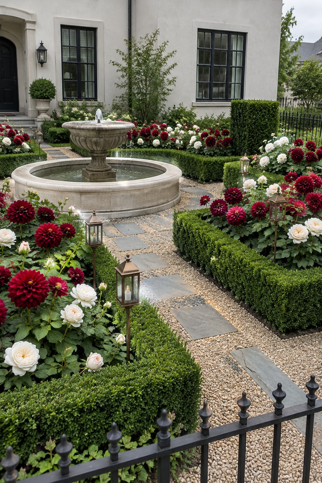 Rectangular stone stepping slabs cross a gravel garden path between clipped boxwood hedges and beds of red dahlias and white roses.