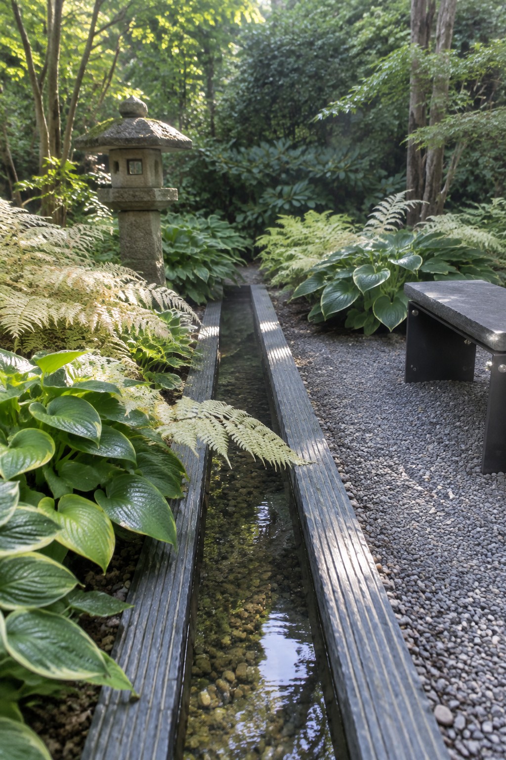 A narrow stone-lined water channel runs through a shaded garden beside ferns, hostas, a gravel path, and a stone lantern.