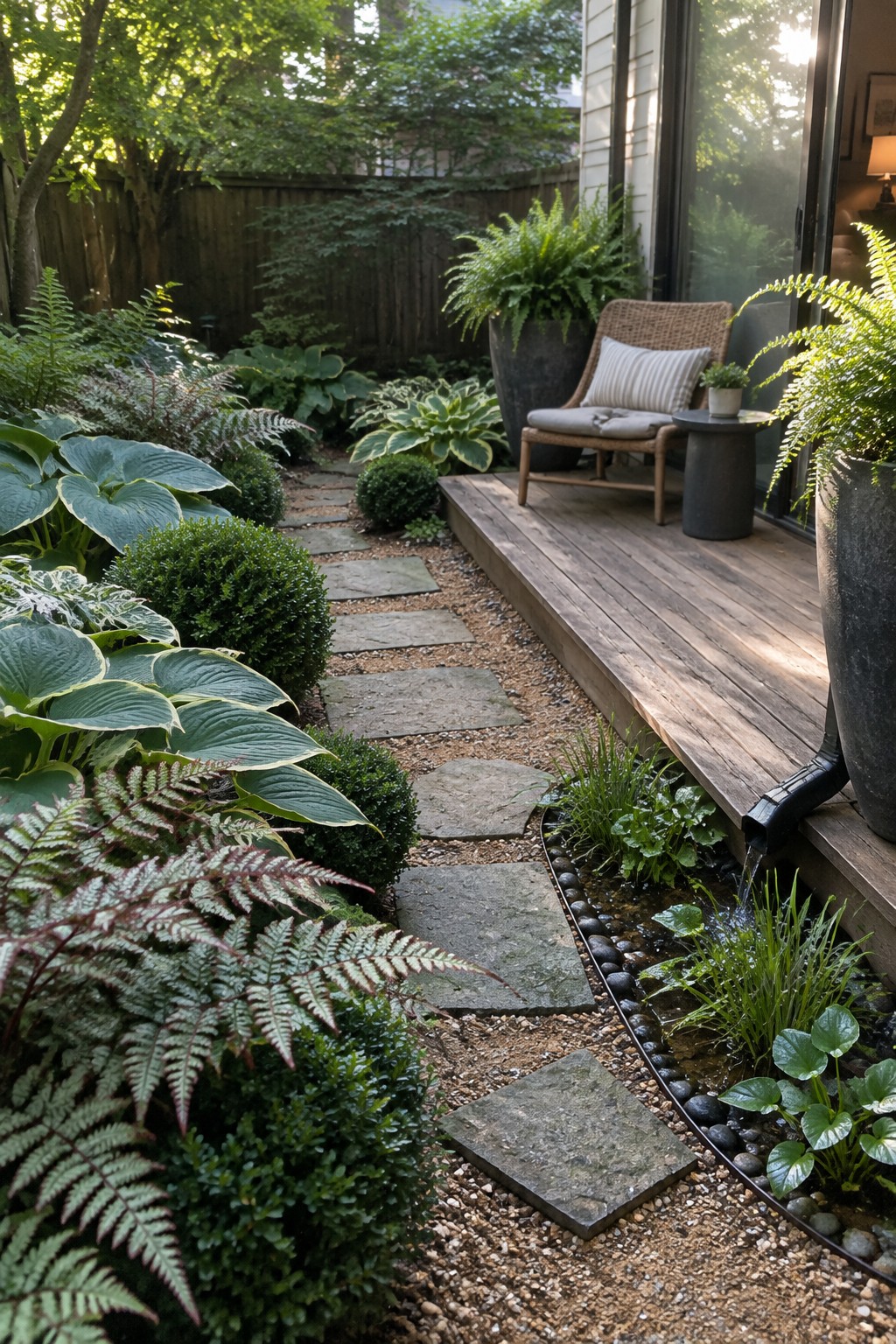 Stone stepping path beside a narrow water feature, with hostas and ferns in a shaded garden.