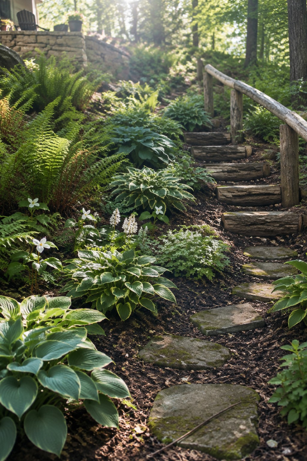 A sloped woodland garden path with log steps, flat stone pavers, hostas, ferns, and a rustic handrail.
