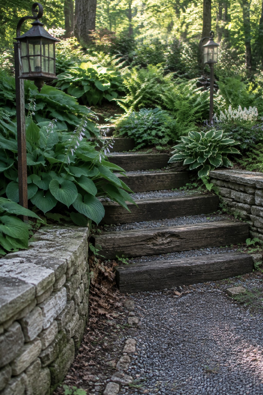 Timber steps filled with gravel climb through a woodland garden bordered by hostas, ferns, stone walls, and lanterns.