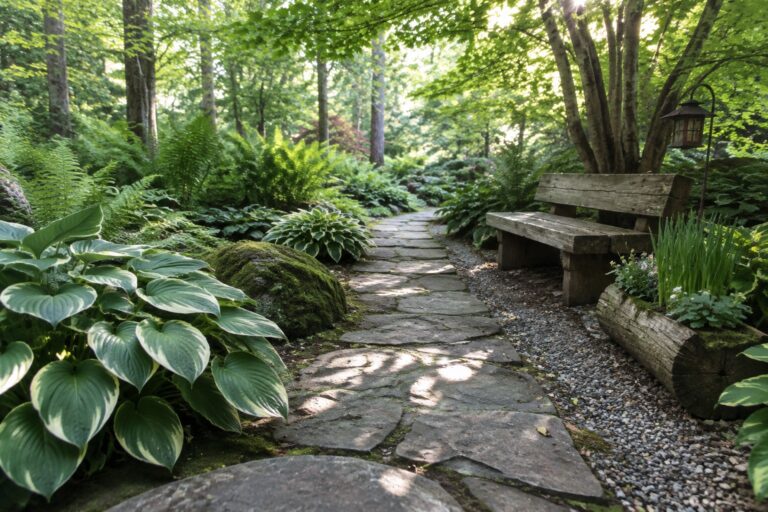 Irregular stone slabs form a path through a shaded garden planted with hostas and ferns.