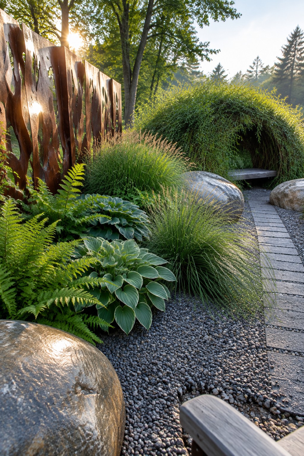 A curved stone walkway passes through a gravel garden bordered by hostas, ferns, grasses, large rocks, and a wooden fence.
