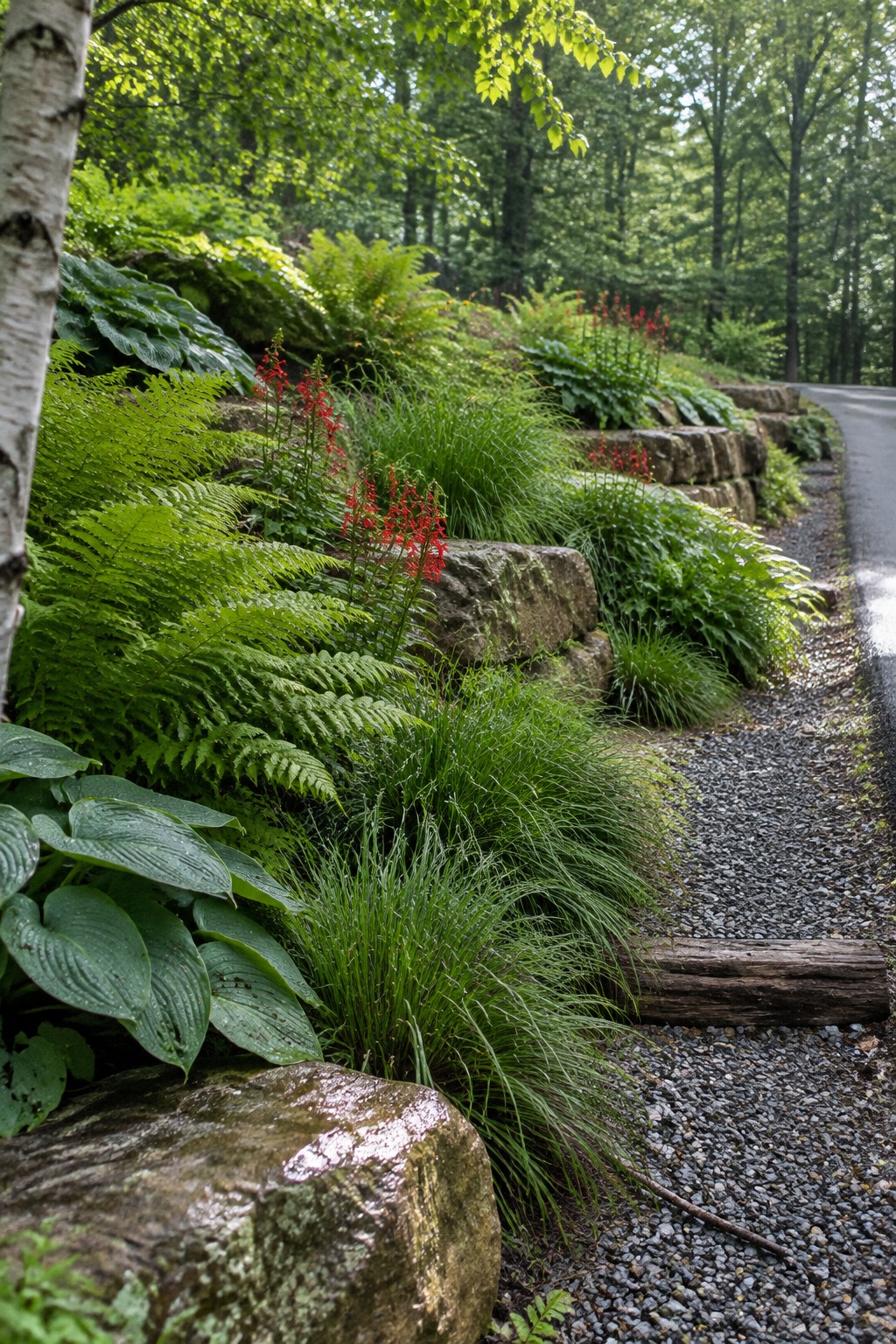 A gravel path curves through a woodland garden lined with ferns, red flowers, and stone edging.
