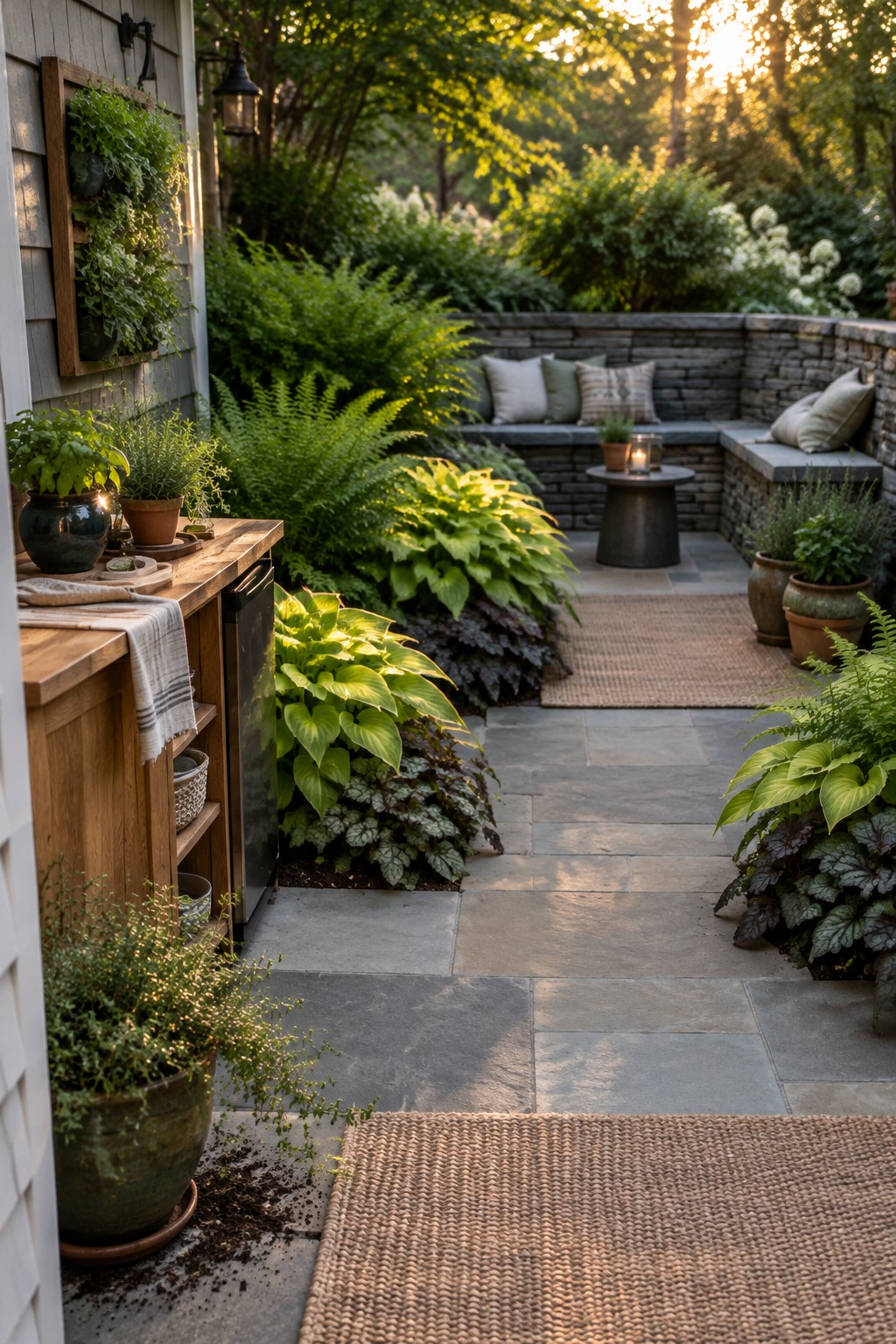 A stone-paved patio with layered ferns and leafy plants along the path, a built-in stone bench, and cushions.