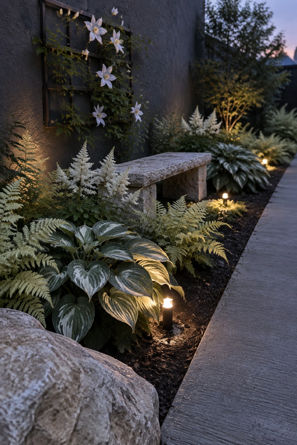 A stone bench sits among hostas and ferns beside a dark garden wall with flowering vines on a trellis.