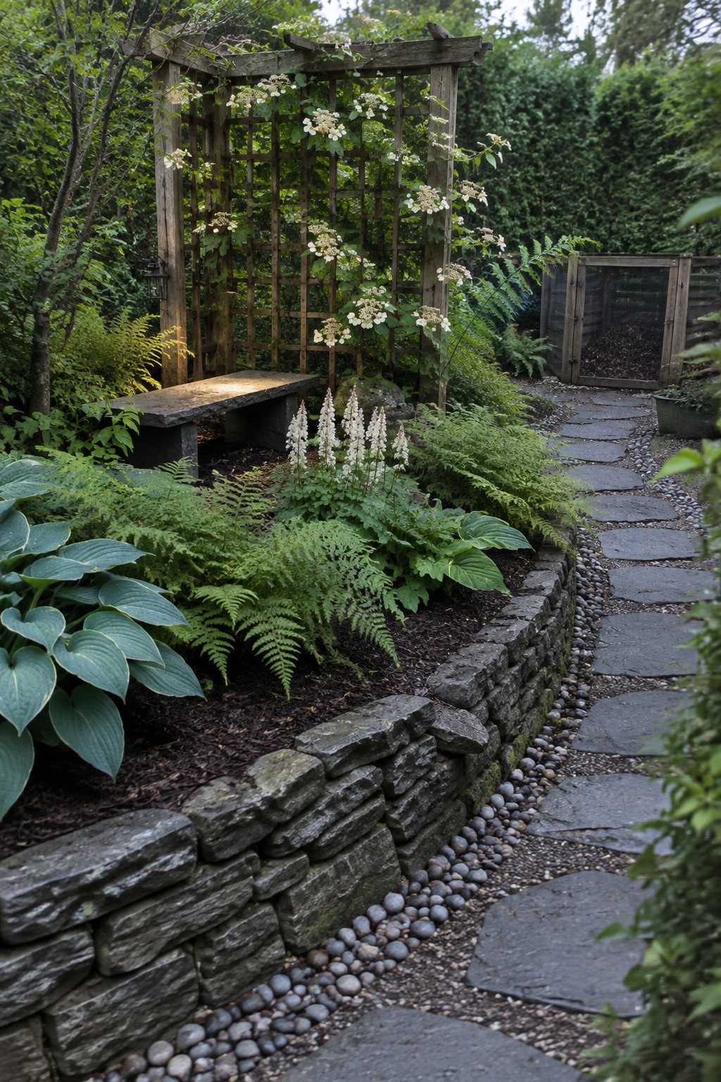 A stepping-stone path runs beside a low stacked-stone wall and a raised bed of hostas and ferns beneath a wooden trellis.