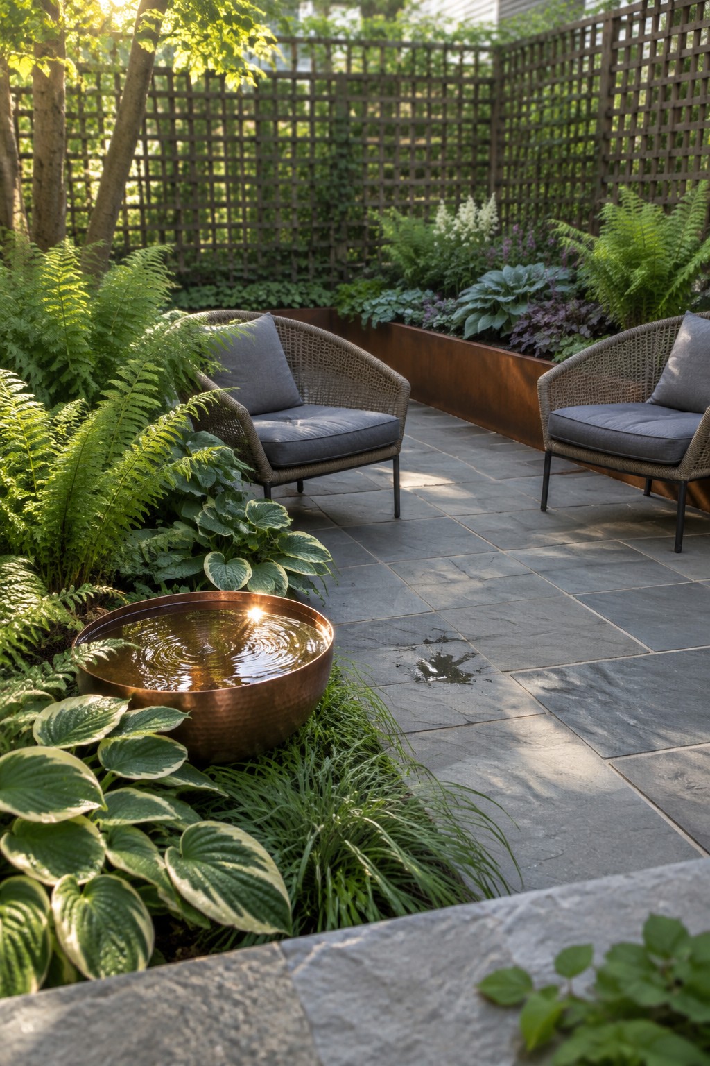 A shaded garden patio with a wooden lattice fence, ferns and hostas, two wicker chairs, and a copper water bowl.