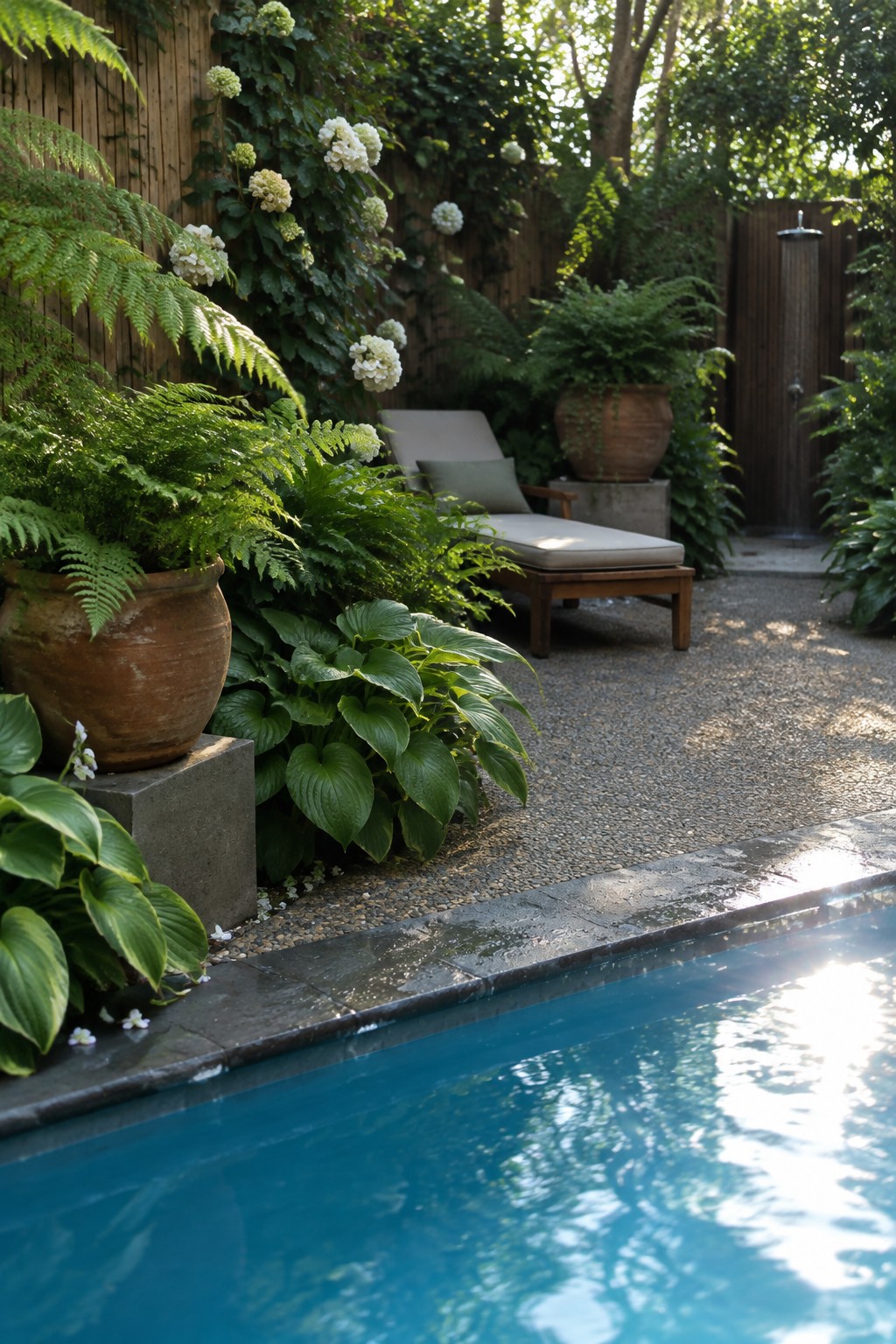 Ferns and hostas grow beside a swimming pool, with a cushioned wooden chaise lounge and a wooden privacy fence in the background.