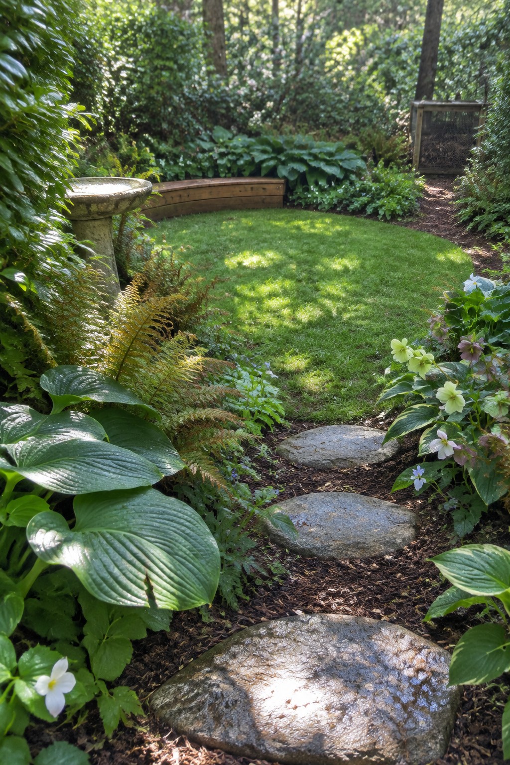 Flat stone stepping stones run through a garden bed bordered by hostas and ferns, with a birdbath and lawn in the background.